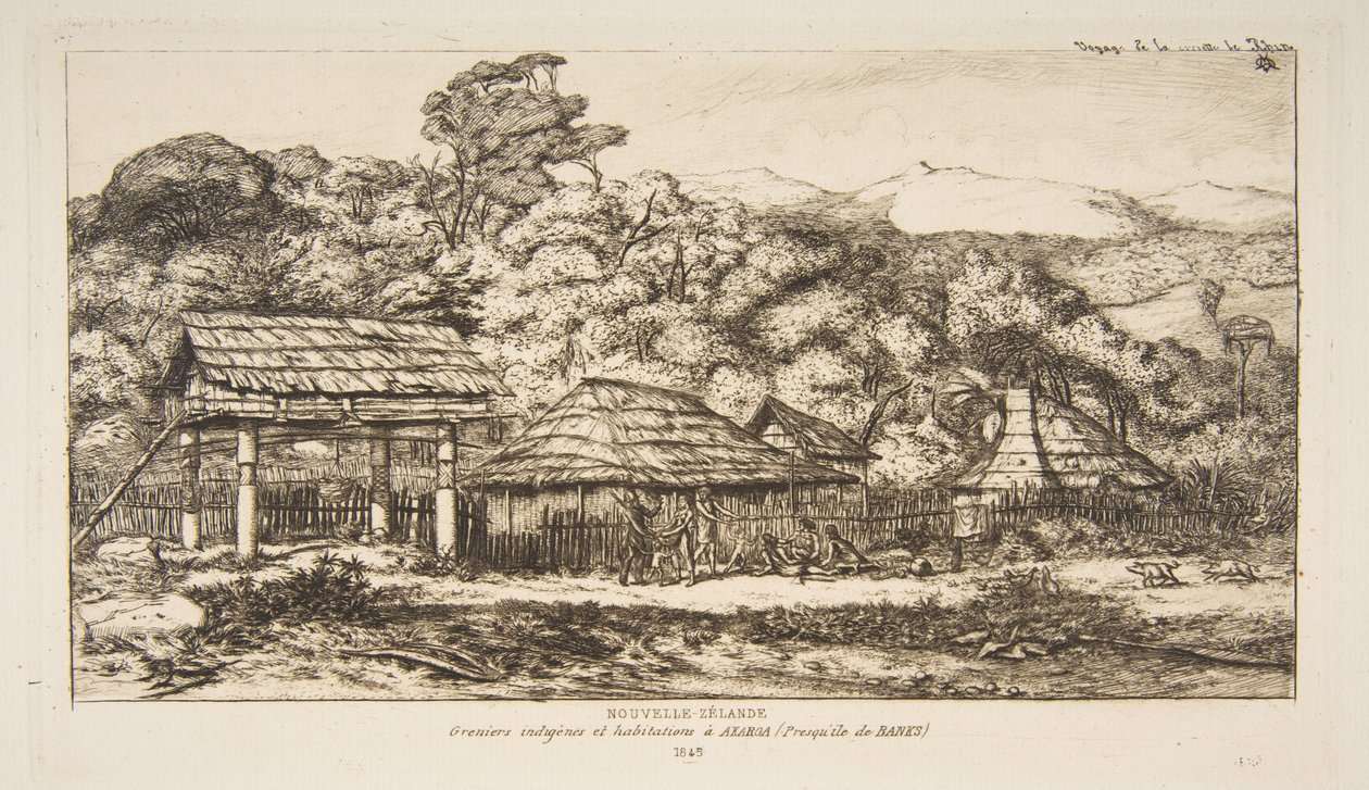 Inhemska lador och hyddor vid Akaroa, Banks Peninsula, 1845, ur "Resan till Nya Zeeland (1842-46)" av Charles Meryon