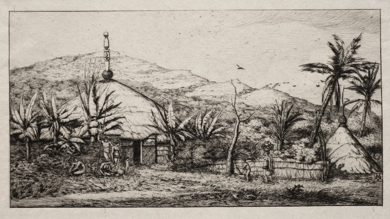 Nya Kaledonien: Stor inhemsk hydda på vägen från Balade till Puebo, 1845 av Charles Meryon