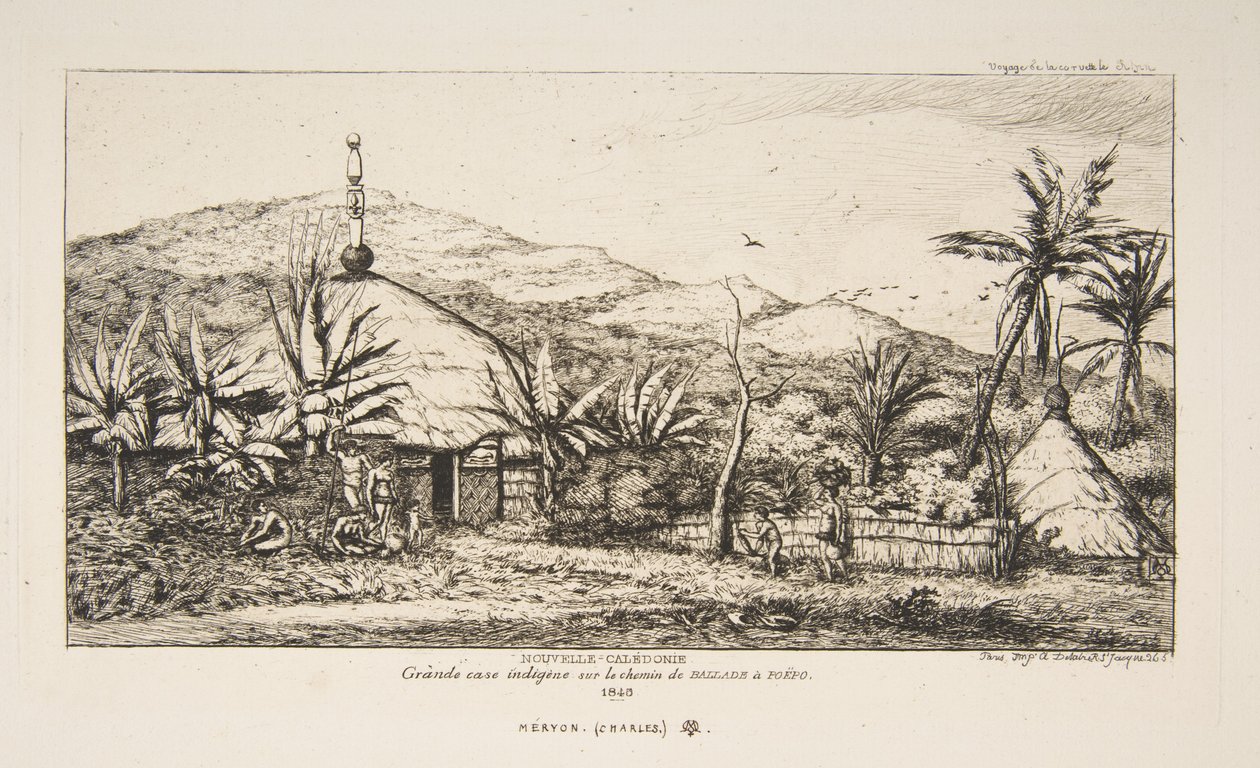 Nya Kaledonien: Stor infödd hydda på vägen från Balade till Puebo, 1845, ur "Resan till Nya Zeeland (1842-46)" av Charles Meryon