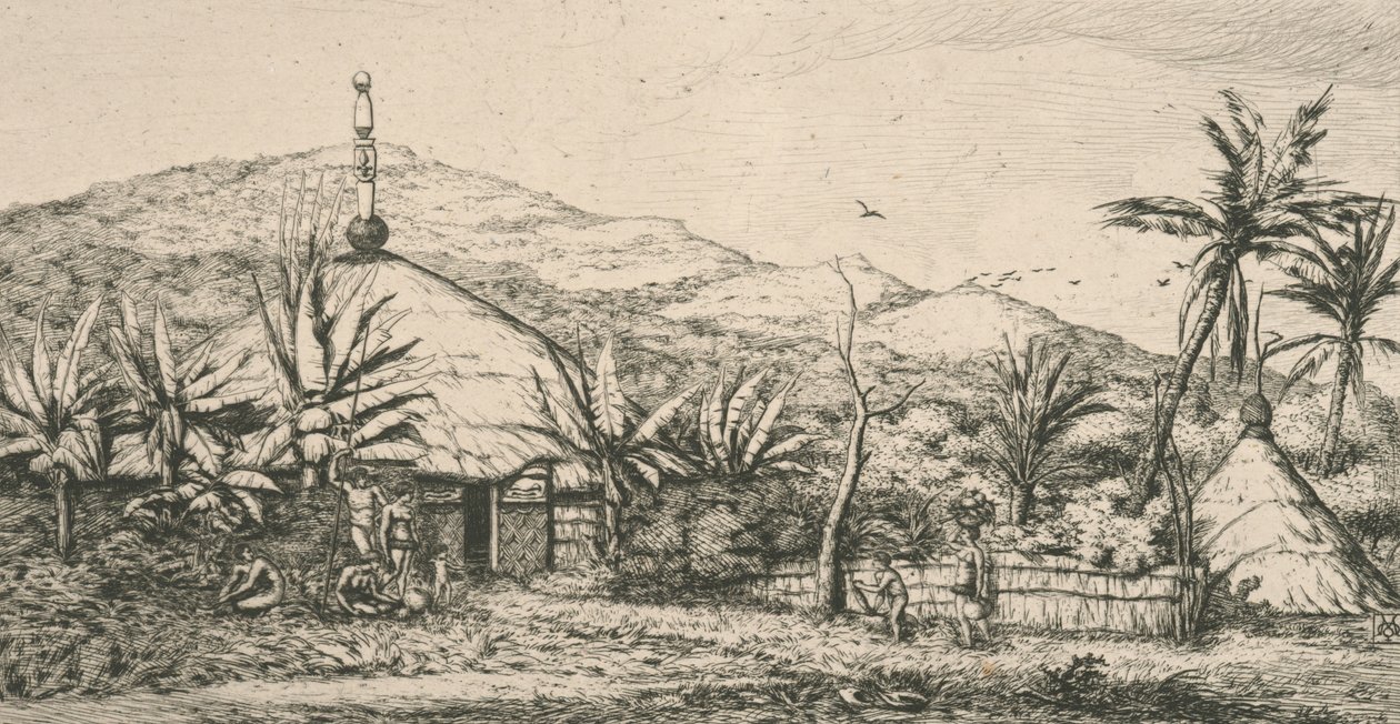 Nya Kaledonien, Nya Kaledonien: stor inhemsk hydda på gångvägen till Poepo, illustration från "Etching of the Pacific...", 1863 av Charles Meryon