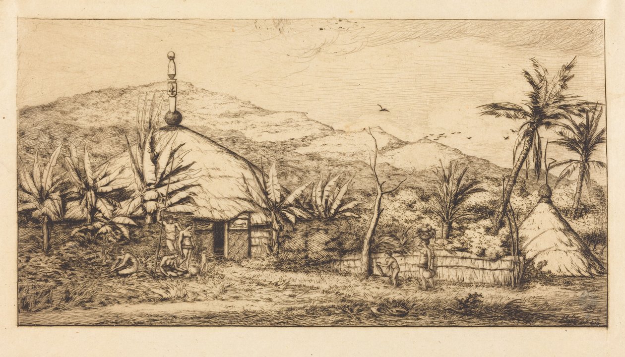 Nya Kaledonien: Stor infödingshydda längs vägen från Balade till Puebo, 1845 (New Caledonia: Large Native Hut on the Road from Balade to Puebo, 1845) av Charles Meryon