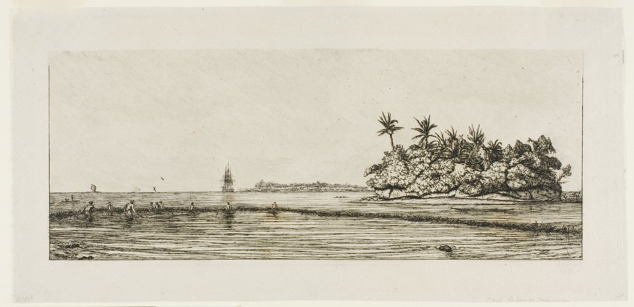Oceanien: Fiske, nära öar med palmer i Uea eller Wallis Group, 1845 av Charles Meryon