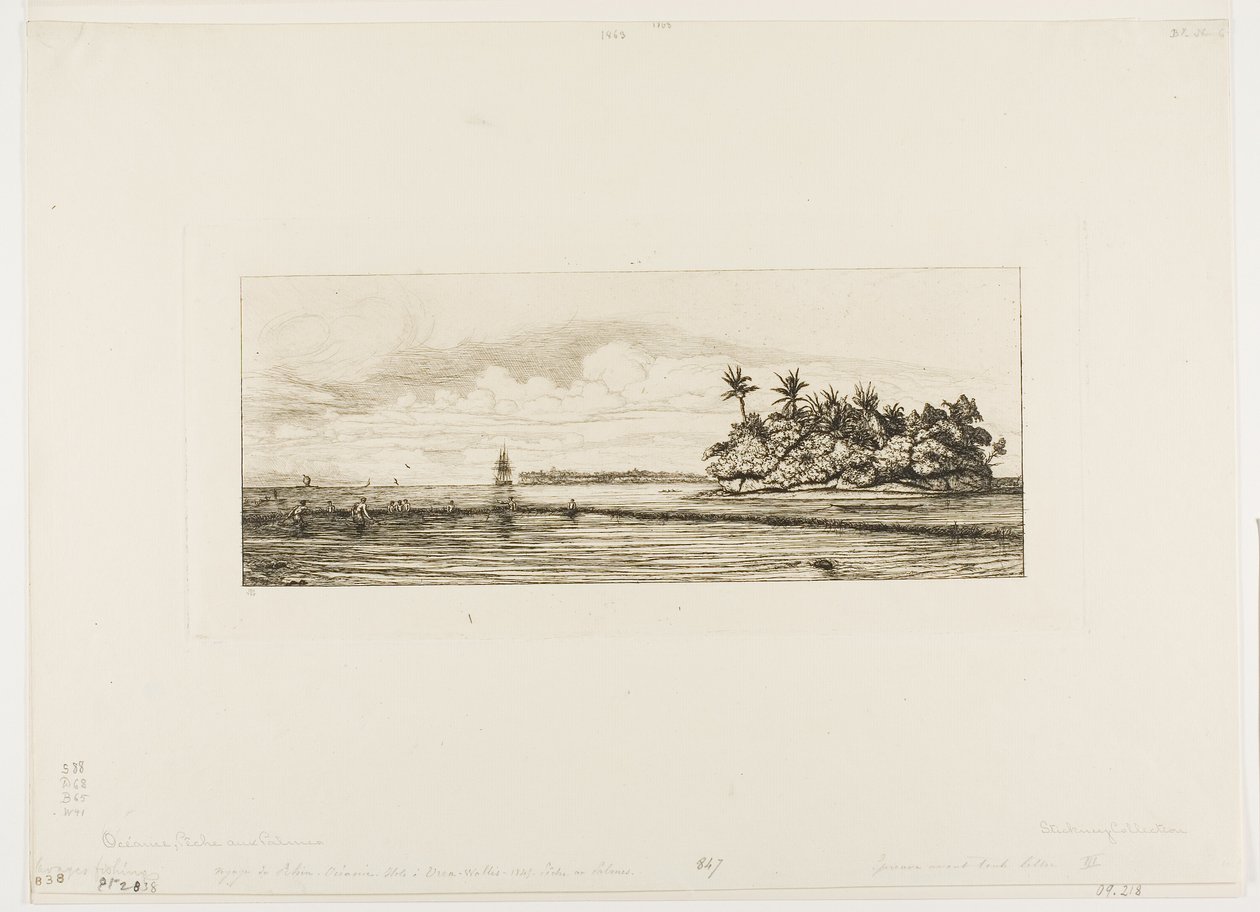 Oceanien: Fiske, nära öar med palmer i Uea eller Wallis Group, 1845 av Charles Meryon