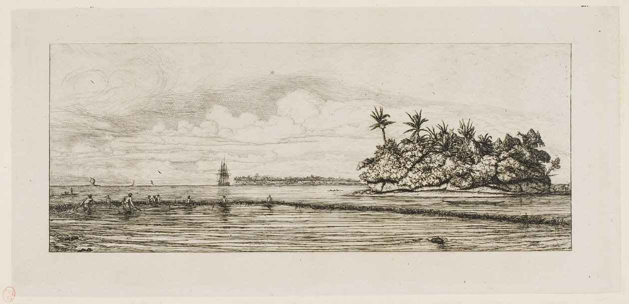 Oceanien: Fiske, nära öar med palmer i Uea eller Wallis Group, 1845 av Charles Meryon
