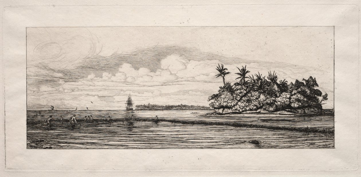 Oceanien: Fiske nära öar med palmer i Uea eller Wallis Group, 1863. av Charles Meryon