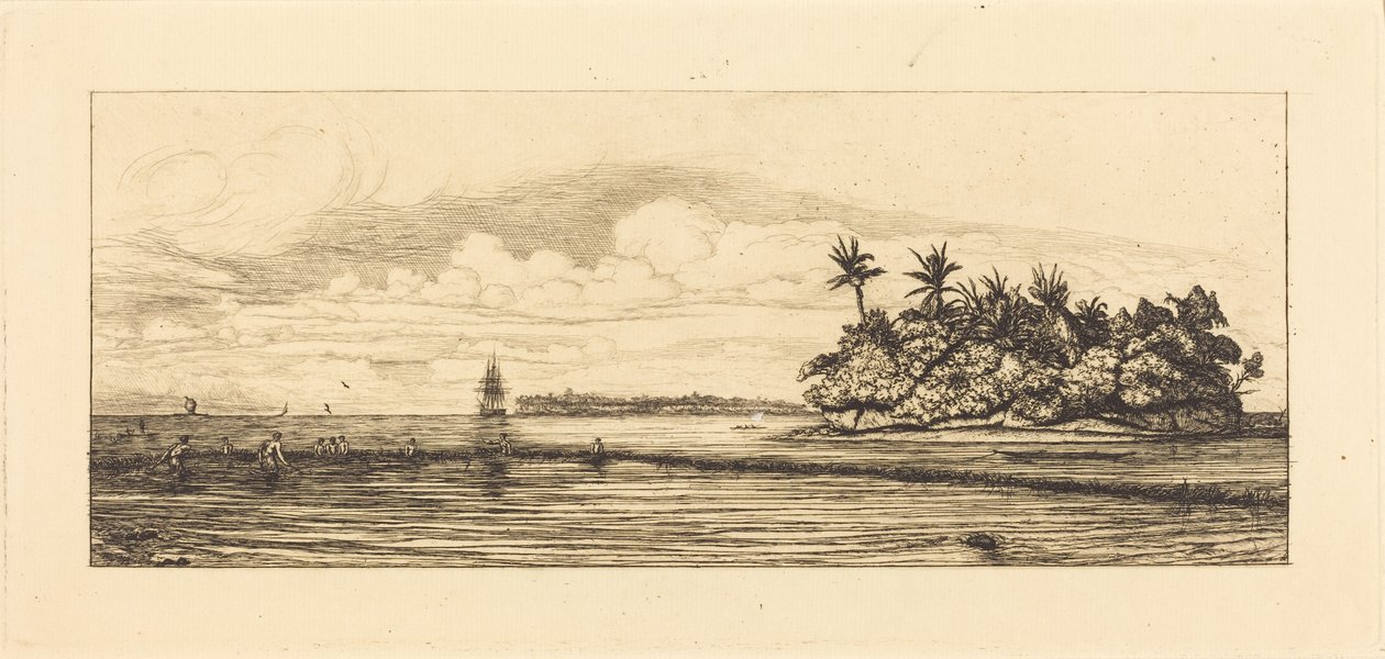 Oceanien, öar vid Uvea (Wallis); Fiske med simfötter, 1845 (Oceanien: Fiske nära öar med palmer i Uvea- eller Wallis-gruppen) av Charles Meryon