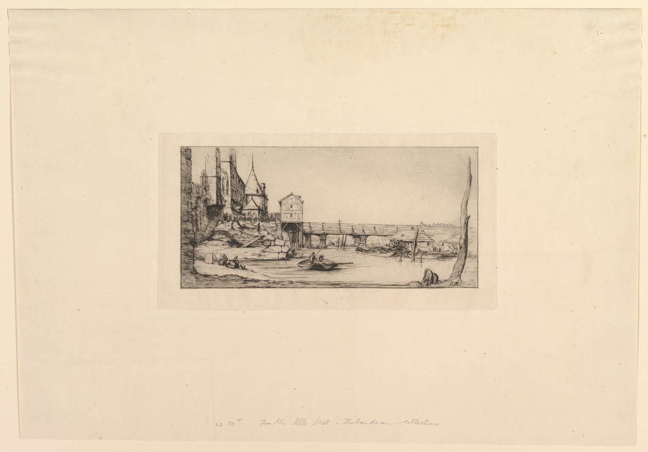Pont-au-Change gångbro, efter branden 1621. Spången ersattes tillfälligt..., 1860. av Charles Meryon