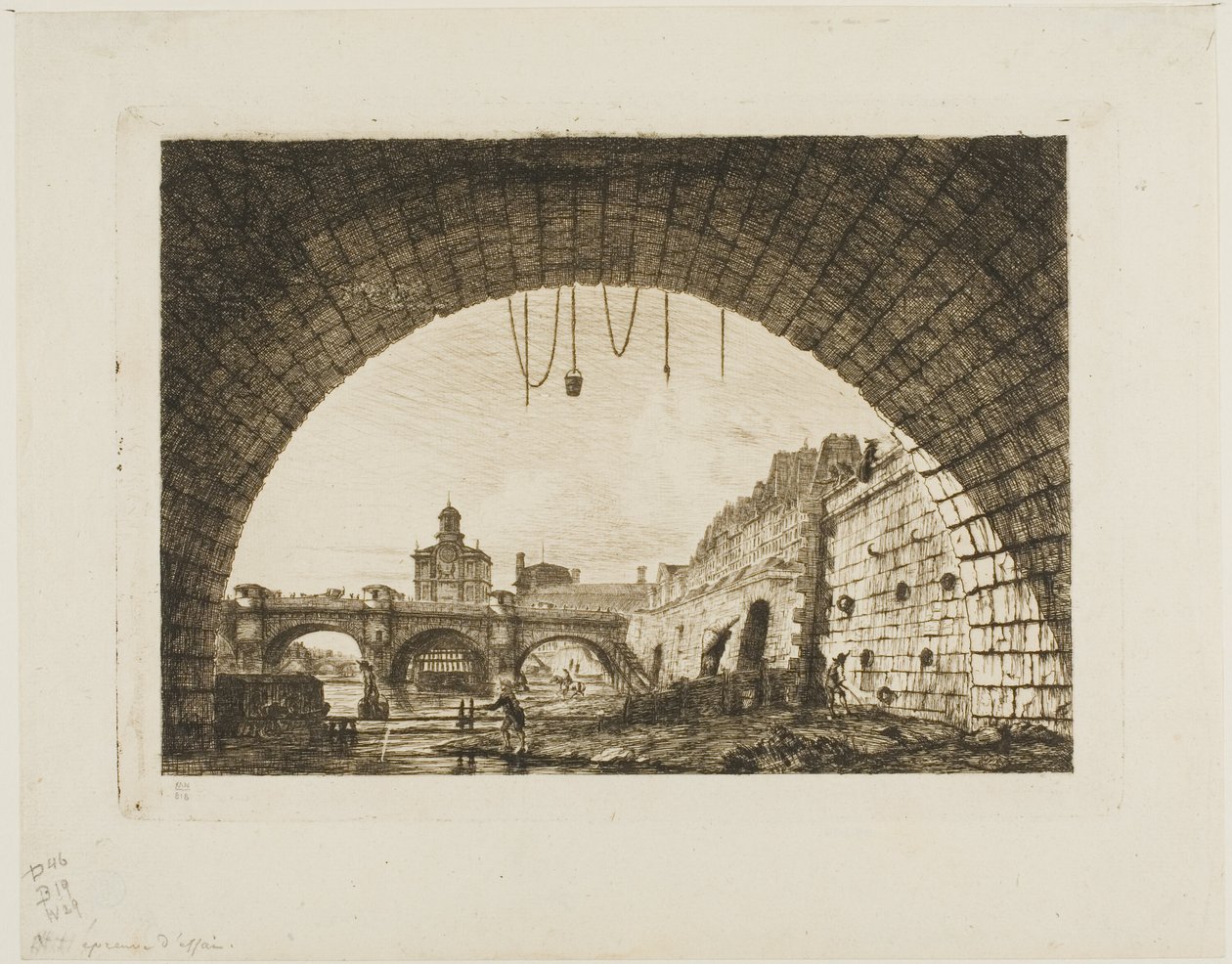 Pont-Neuf och Samaritaine sett från under den första bågen av Pont-au-Change, Paris av Charles Meryon
