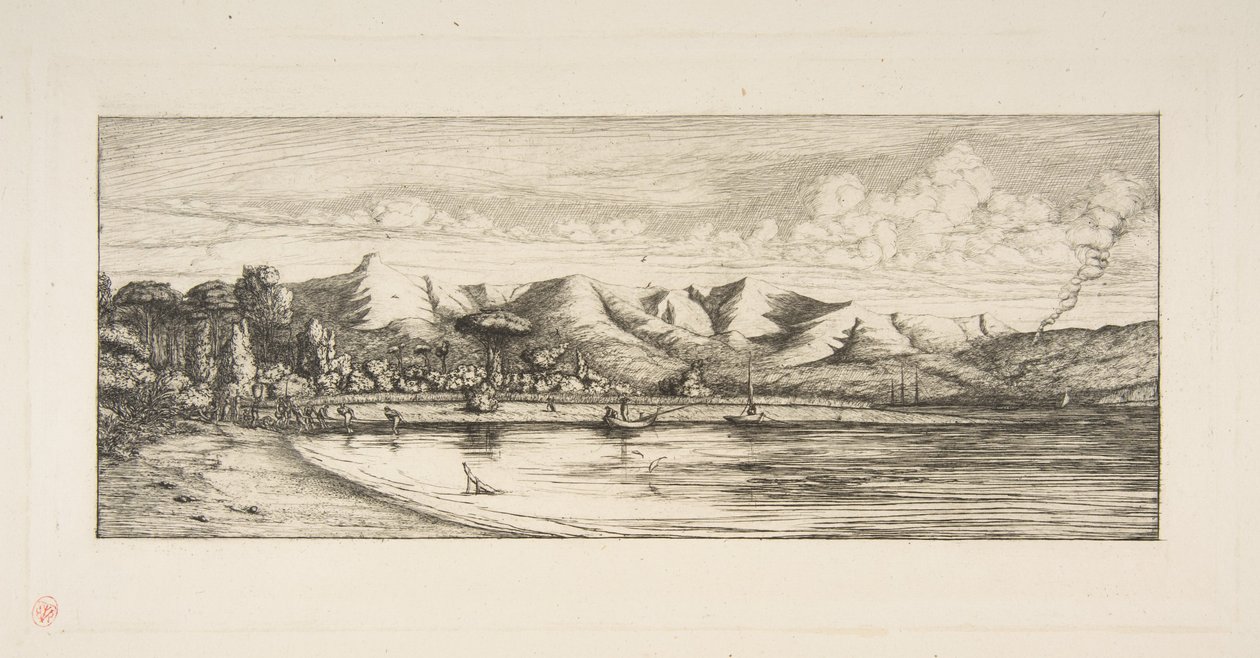 Bankshalvön, Pointe des Charbonniers, Akaroa (Fiske efter sej utanför Colliers’ Point, Akaroa, Bankshalvön, 1845), ur ”The Voyage to New Zealand (1842–46)” av Charles Meryon