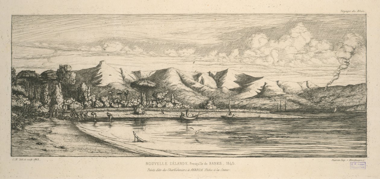 Banks halvön, spets som kallas Charbonniers, i Akaroa, notfiske, illustration från 