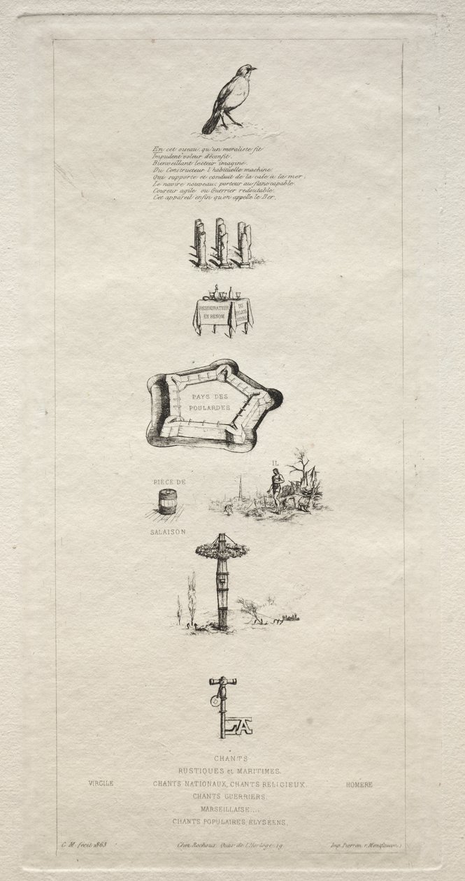 Rebus: Beranger var inte riktigt stark för han hade aldrig nyckeln till fälten, 1863. av Charles Meryon