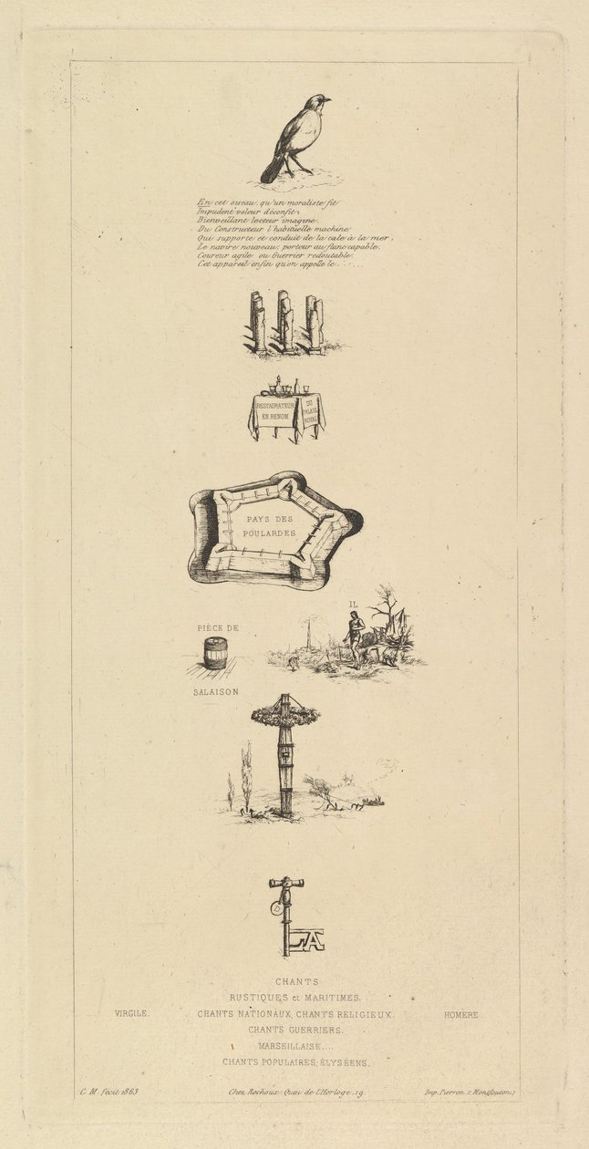 Rebus: Béranger var inte riktigt stark, för han hade aldrig nyckeln till fälten, 1863. av Charles Meryon