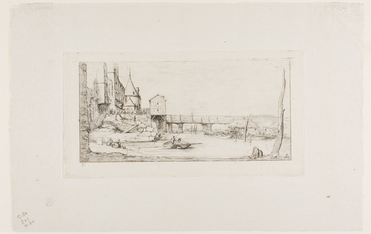 Gångbron som tillfälligt ersätter Pont-au-Change, Paris, efter branden 1621 av Charles Meryon