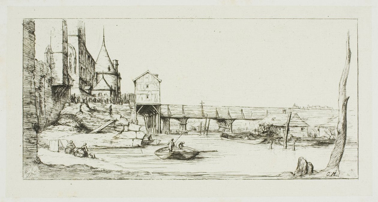Gångbron som tillfälligt ersätter Pont-au-Change, Paris, efter branden 1621 av Charles Meryon