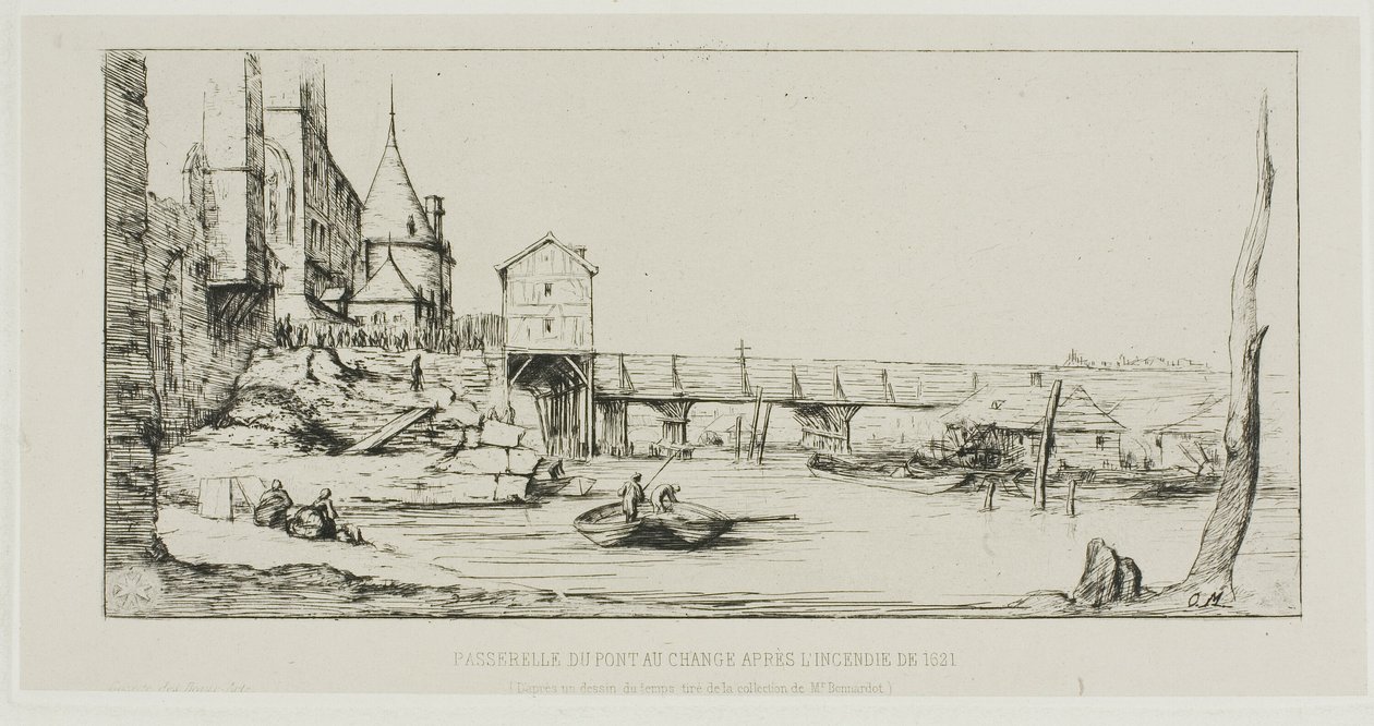 Gångbron som tillfälligt ersätter Pont-au-Change, Paris, efter branden 1621 av Charles Meryon