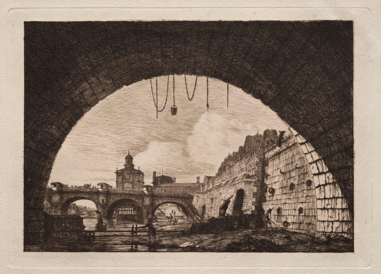 Den nya bron och Samaritaine sett från under den första bågen av Exchange Bridge, Paris av Charles Meryon
