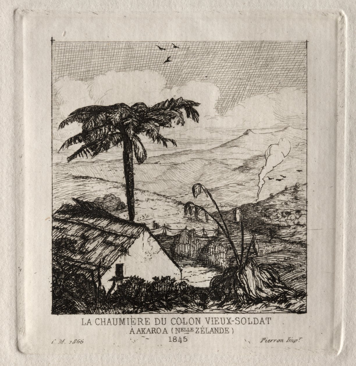 Den gamla soldatens nybyggares hydda i Akaroa, 1845 av Charles Meryon