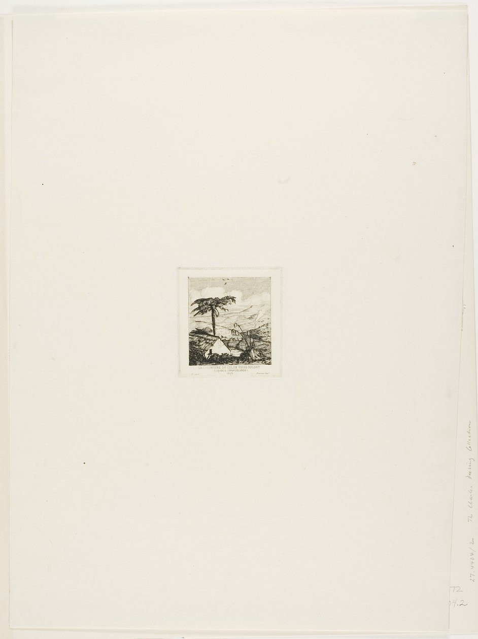 Den gamle soldatens halmtakstäckta stuga, Akaroa, 1845 av Charles Meryon