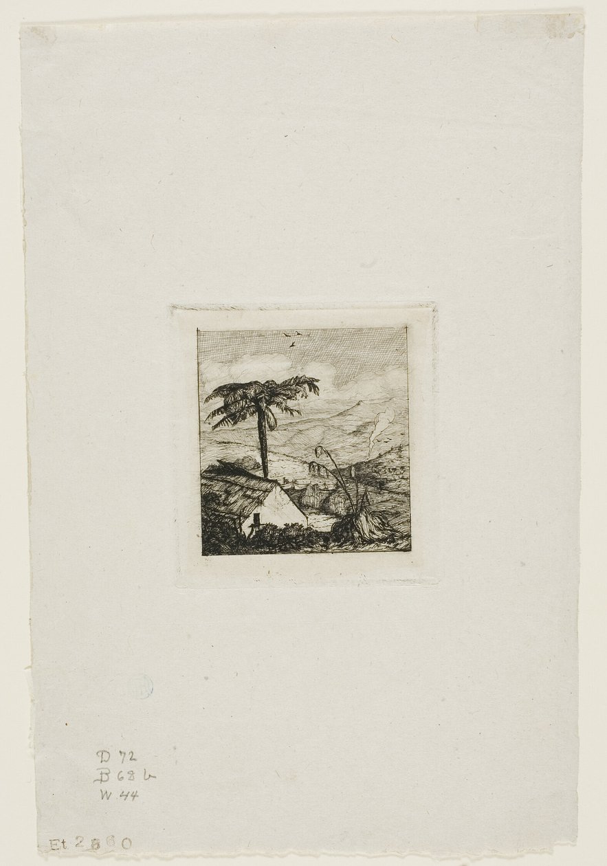 Den gamle soldatens halmtakstäckta stuga, Akaroa, 1845 av Charles Meryon