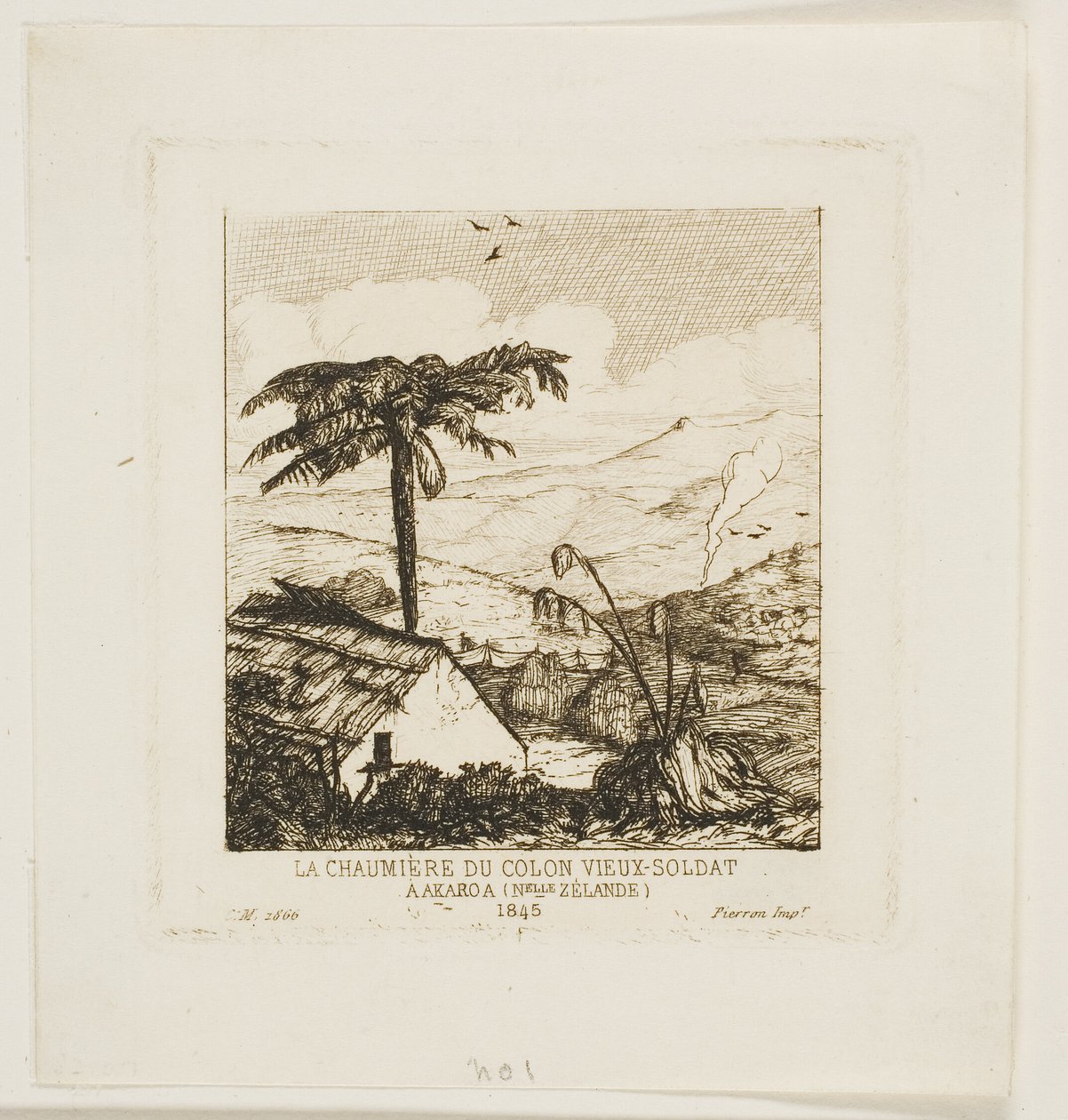 Den gamle soldatens halmtakstäckta stuga, Akaroa, 1845 av Charles Meryon