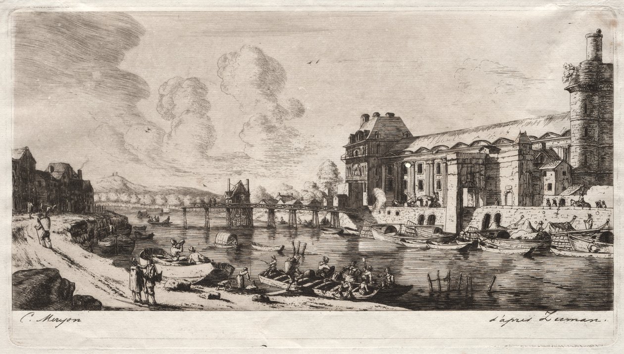 Pavillon de Mademoiselle och en del av Louvren av Charles Meryon