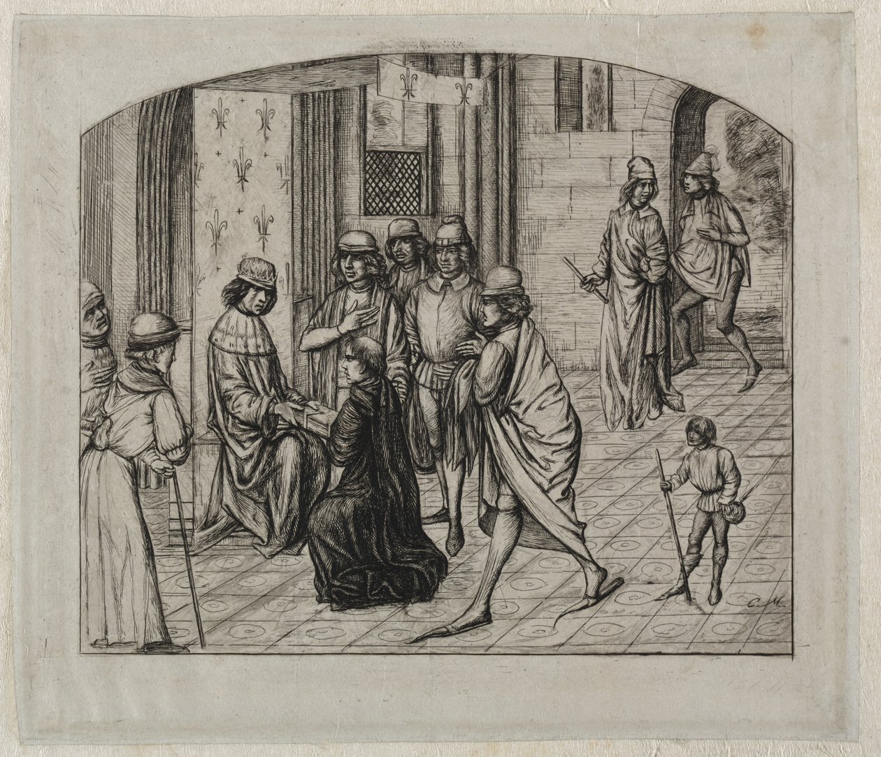 Den latinske författaren Valerius Maximus tryckta verk presenteras för kung Ludvig XI av Charles Meryon