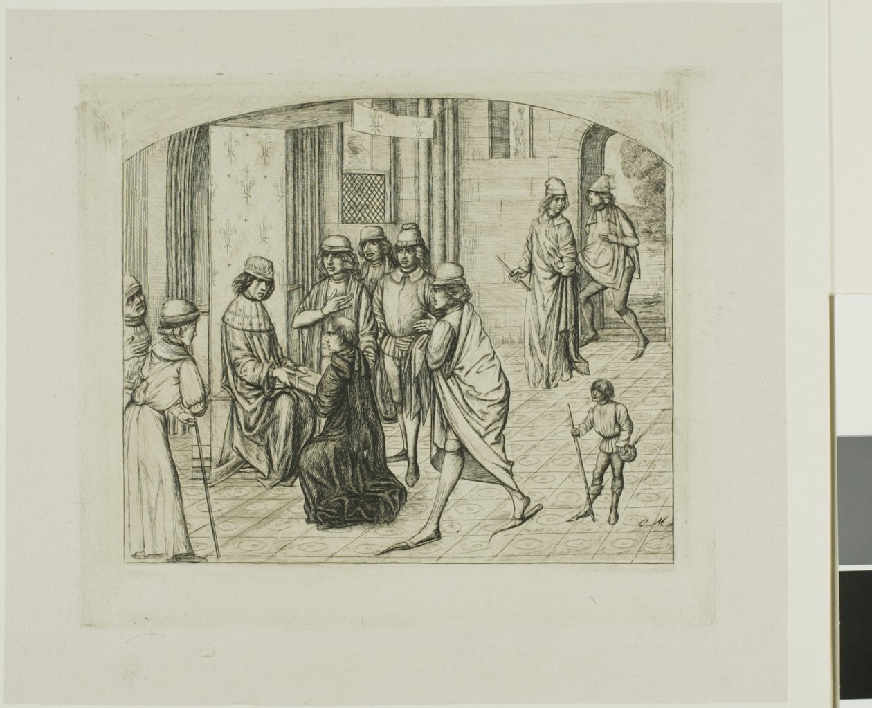 Tryckaren Valère Maxime presenteras för kung Ludvig XI av Charles Meryon