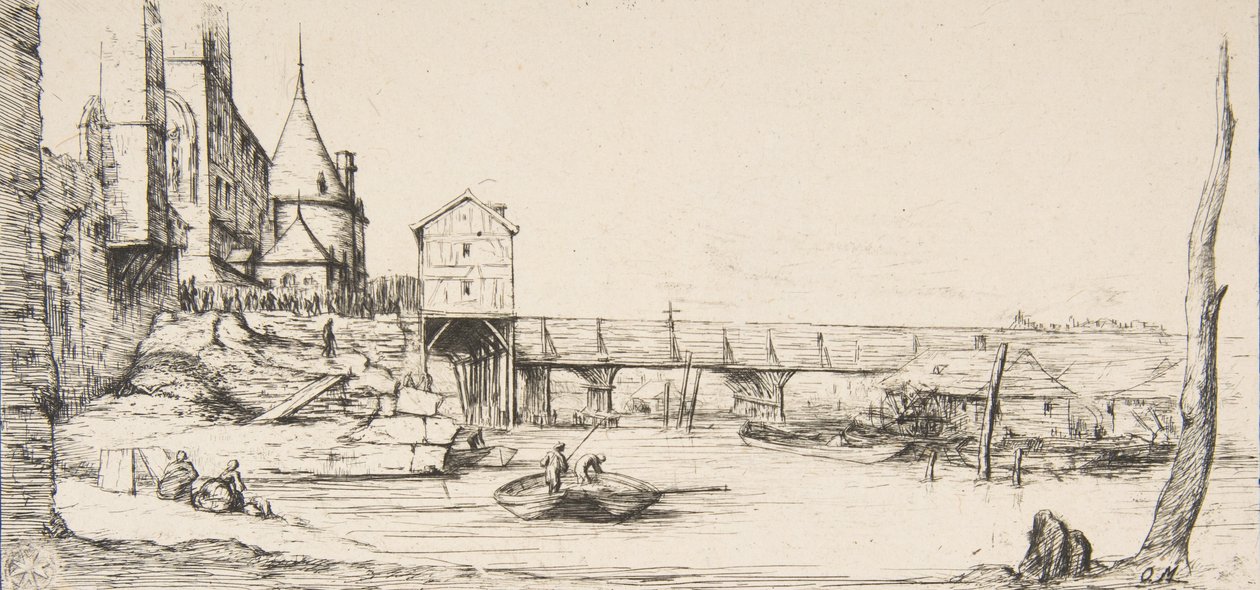 Gångbron som tillfälligt ersätter Pont-au-Change, Paris, efter branden 1621, af..., 1860. av Charles Meryon