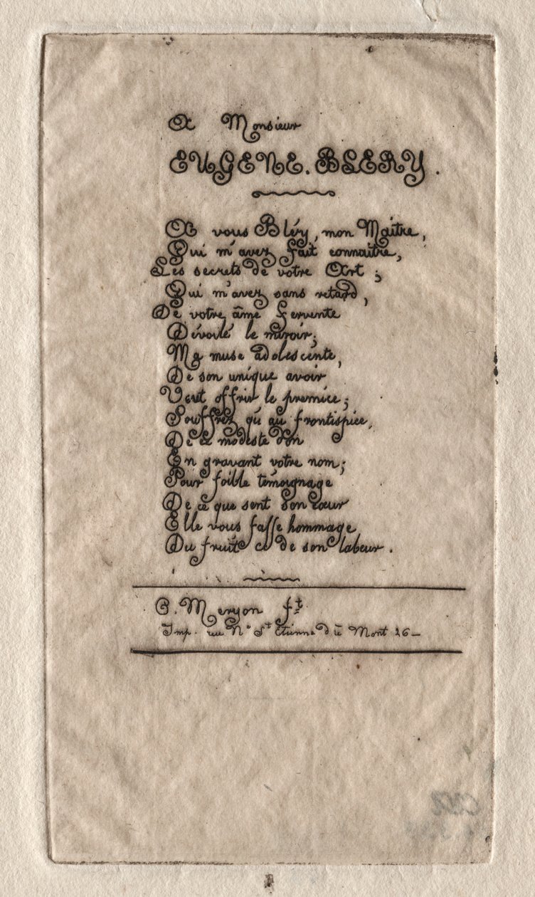 Verser till Eugène Bléry, 1854. av Charles Meryon