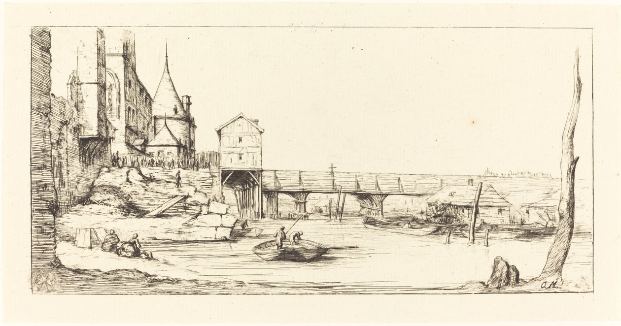 Gångbro som tillfälligt ersätter Pont-au-Change, Paris, efter branden 1621 av Charles Meryon after Stefano Della Bella