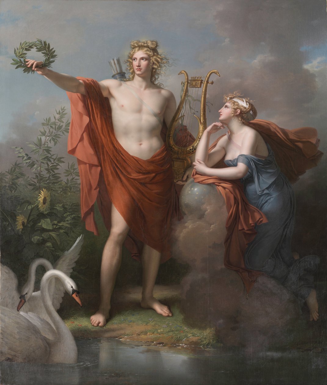 Apollo, gud av ljus, vältalighet, poesi och de sköna konsterna med Urania, Astronomins Muse av Charles Meynier