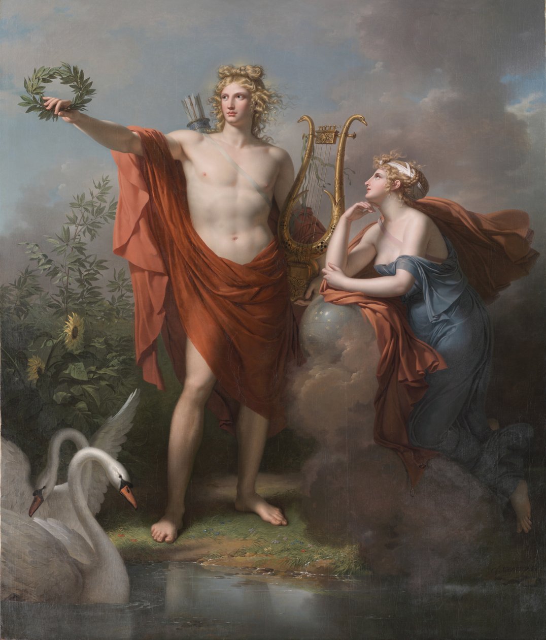 Apollo, gud av ljus, vältalighet, poesi och de sköna konsterna med Urania, Astronomimusa, 1789 av Charles Meynier