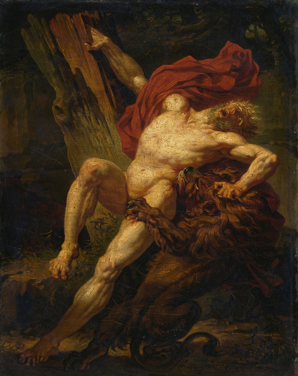 Milo av Croton attackerad av ett lejon av Charles Meynier