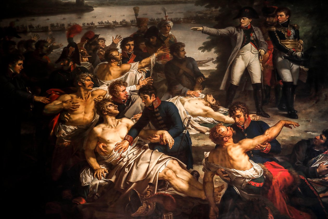 Napoleon besöker de sårade soldaterna på ön Lobau av Charles Meynier