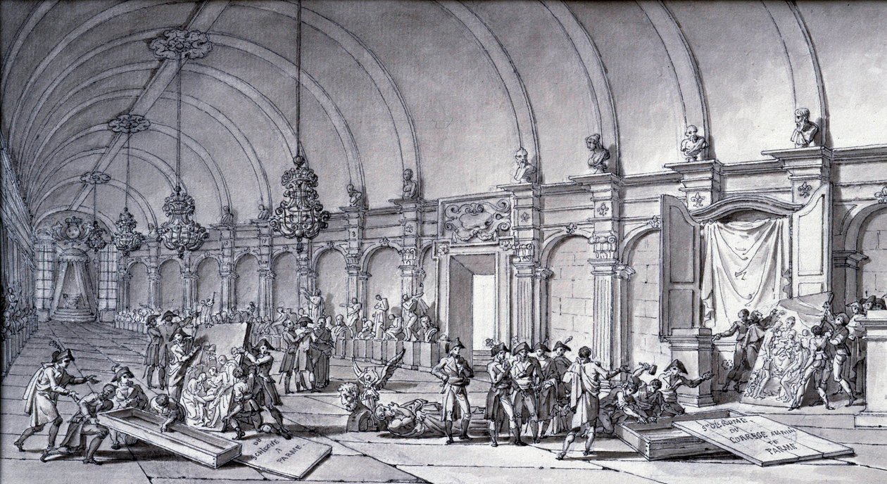 Plundring av konstverk under Napoleon Bonaparte: "Madonnan av Correge (Antonio Correggio) togs från akademin i Parma och överlämnades till de franska curatorerna i maj 1796". Teckning med kinesiskt tusch av Charles Meynier (1768-1832). Dämpa. 0,17x0,32 m av Charles Meynier