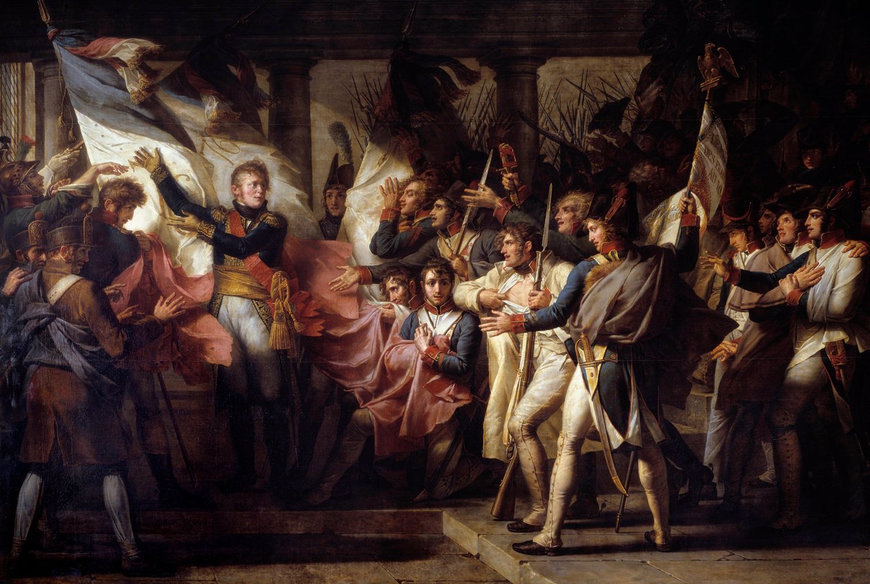 Marechal Michel Ney (1769-1815) överlämnade till soldaterna från det 76:e linjeregementet, deras flaggor hittades den 7/11/1805, efter slaget vid Elchingen mellan Napoleonska armén och Österrike. Målning av Charles Meynier (1768-1832) 1808 Sön. 3 av Charles Meynier