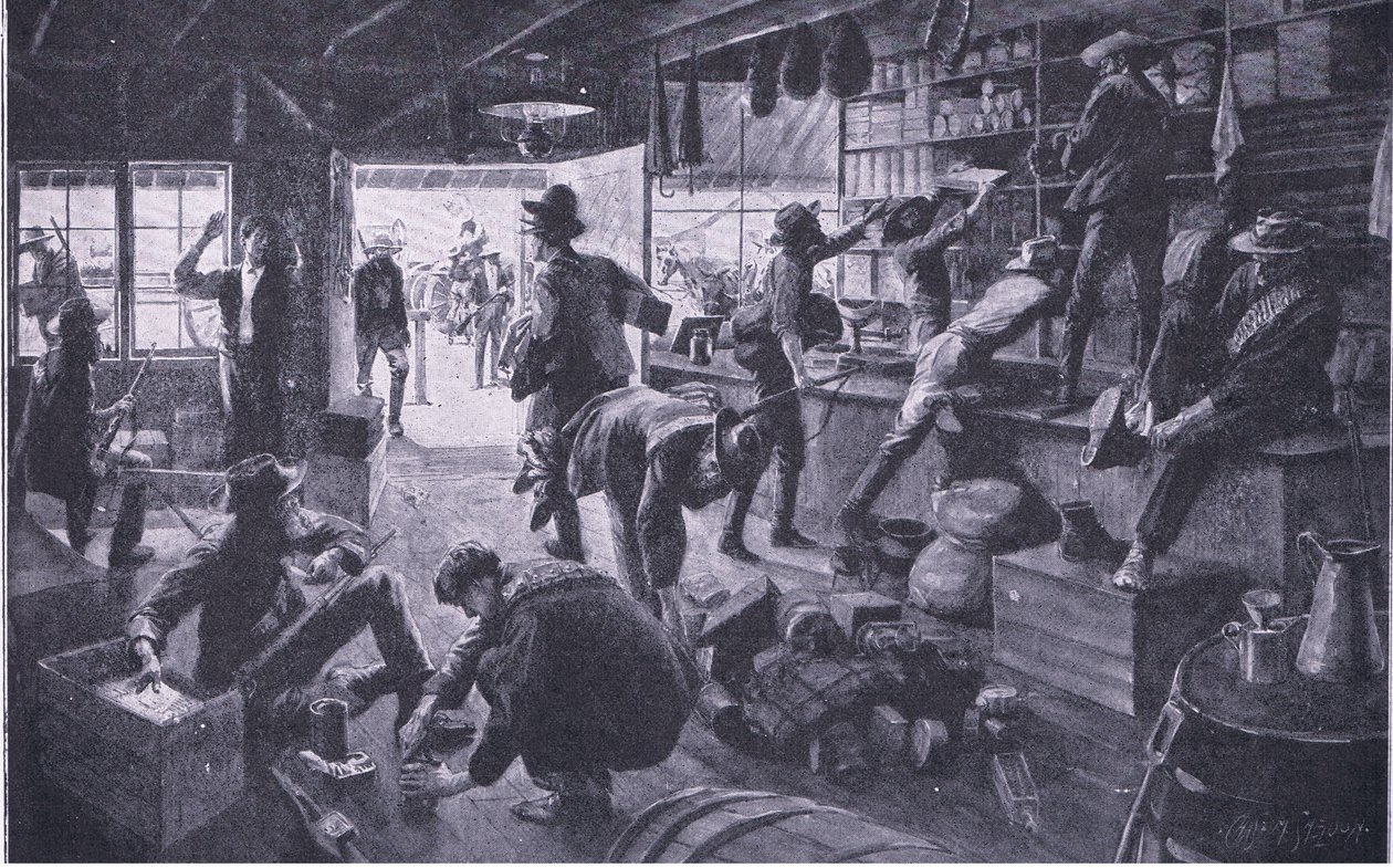 Boers plundrar en butik i Grange River-fastigheten, illustration från After Pretoria: The Guerilla War, 1902 av Charles Mills Sheldon