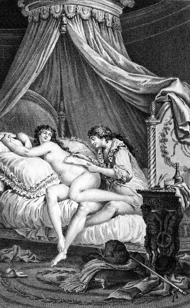 Illustration för "" Les Liaisons dangereuses"" av Choderlos de Laclos. Gravyr av Charles Monnet (1732 - 1808): Valmont skriver ett brev på baksidan av Emilie (en kurtisan). av Charles Monnet