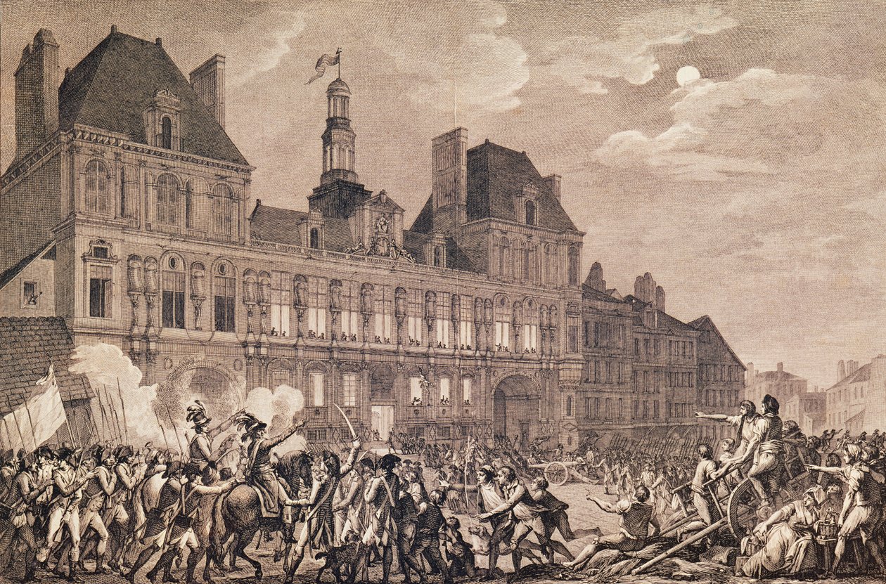 Robespierre, Saint-Just, Couthon och Hanriot tar sin tillflykt i Hotel-de-Ville i Paris, 9 Thermidor år II (27 juli 1794) 1800 av Charles Monnet