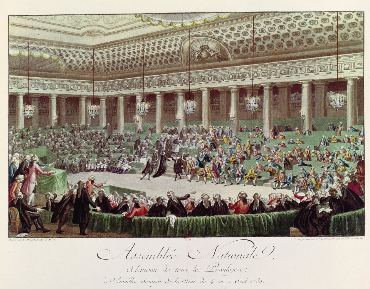 Nationalförsamlingen avsäger sig alla privilegier, 4 augusti 1789, graverad av Helman (1743-1809) (färgad gravyr) (se 104584) av Charles Monnet