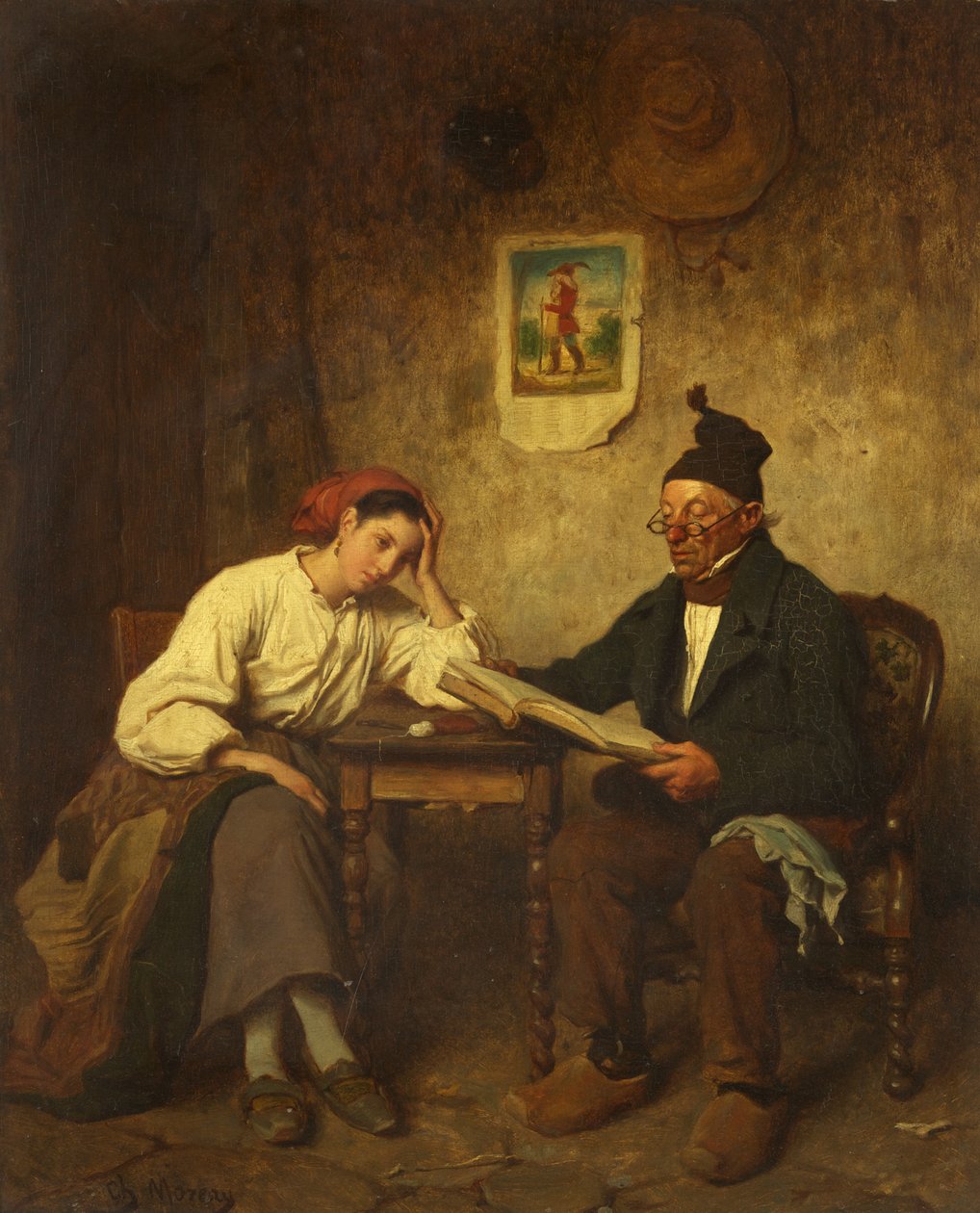 Far och dotter (olja på panel) av Charles Moreau