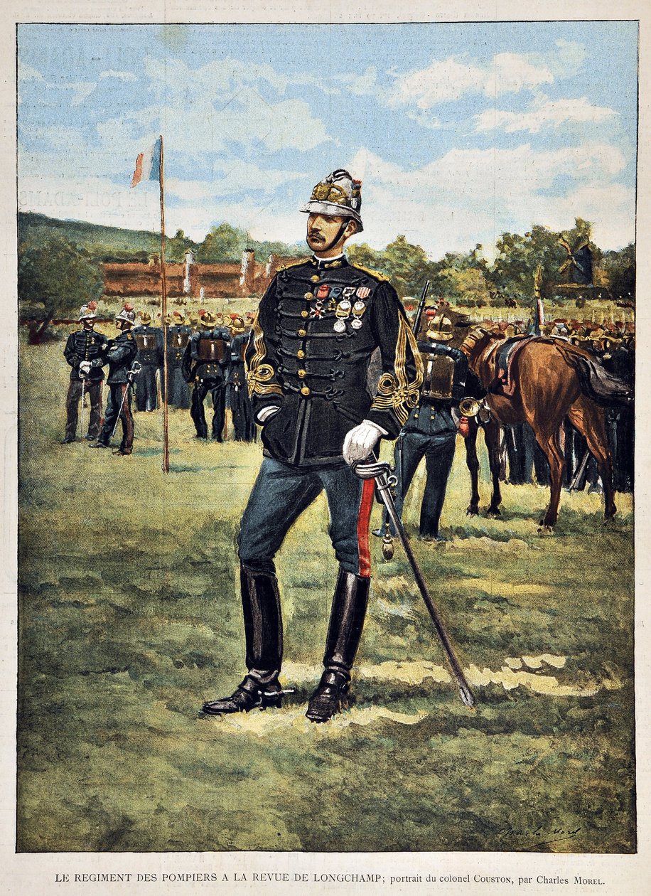Brandregementet har Longchamps magazine (Porträtt av överste Couston), illustration av Charles Morel (1861-1908). Gravyr från 1887 i "" Paris-Illustrous journal weekly"". av Charles Morel