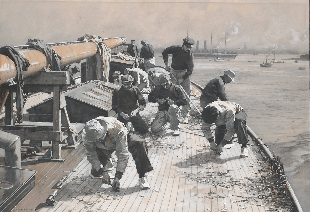 Konstruktion av en 23 meter lång racerbåt, Brynhildsbron skrapas. Teckning och lavering (35x47,9 cm) av Charles M. Padday () , tidigt 1900-tal. av Charles Murray Padday