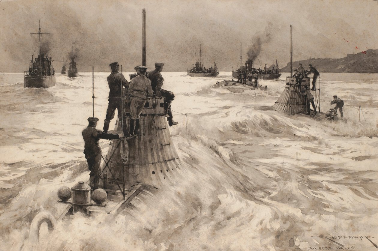 Nya brittiska ubåtar lämnar Milford Haven (England) för att gå i aktion. Teckning och lavering (30,4x45,5 cm) av Charles M. Padday () , tidigt 1900-tal. av Charles Murray Padday