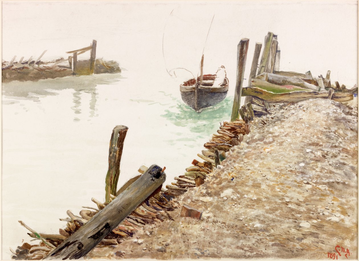 Jolle som närmar sig en brygga (bodycolour) av Charles Napier Hemy