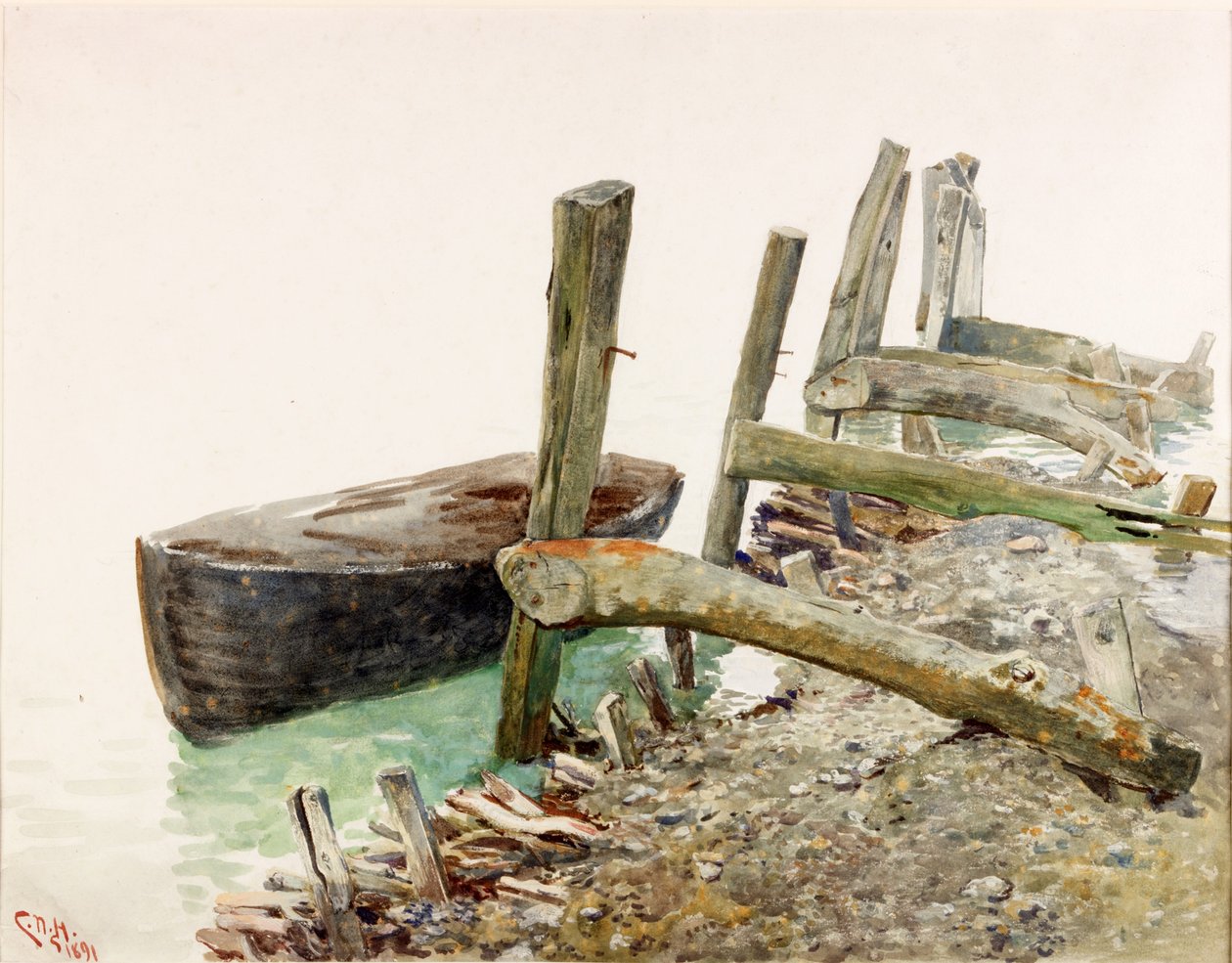 Jolle som närmar sig en brygga (bodycolour) av Charles Napier Hemy