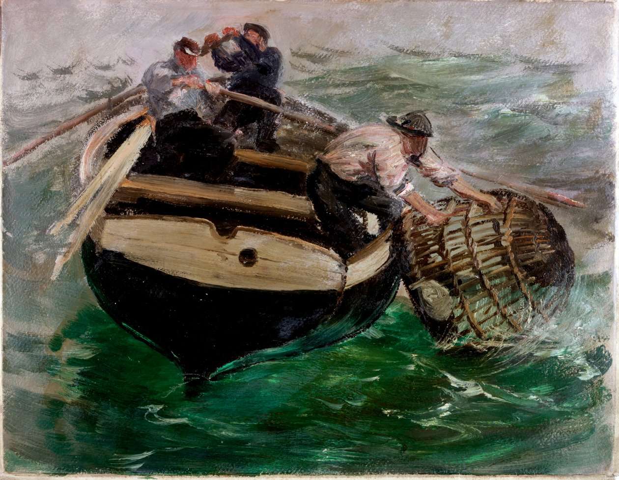 Dra in hummerkrukor (olja på papper) av Charles Napier Hemy