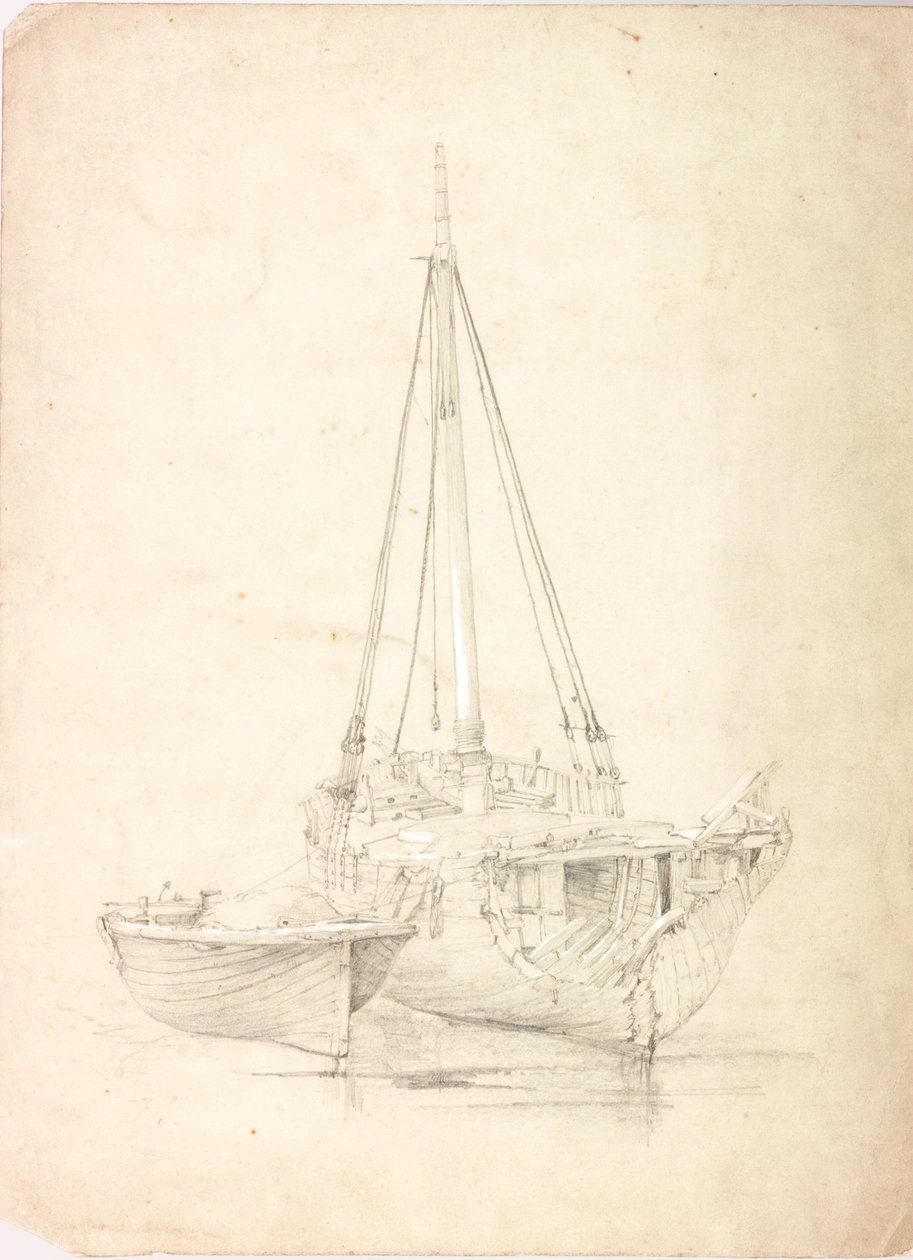 Gammal fiskebåt och jolle (kroppsfärg och penna på papper) av Charles Napier Hemy
