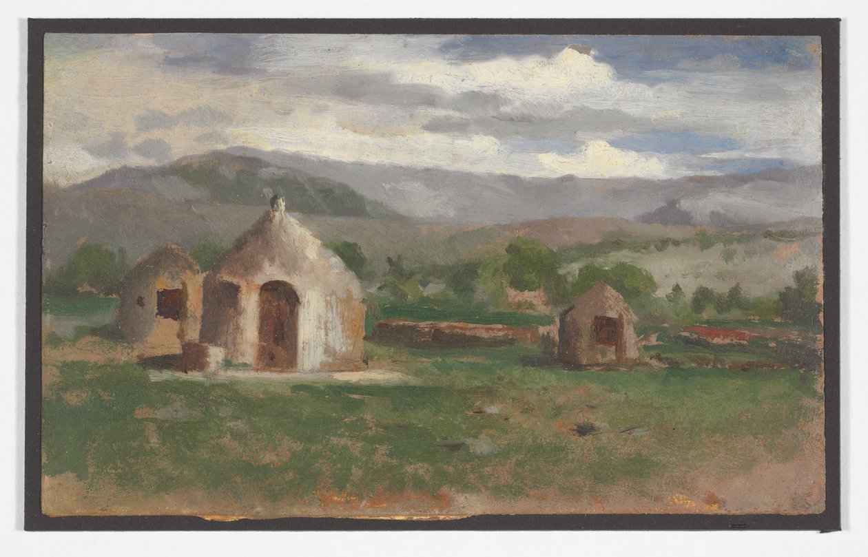 Landskapsskiss med primitiva hyddor, Provence av Charles Nègre
