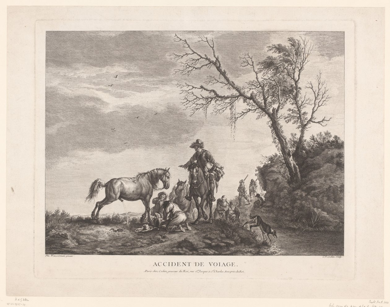 Resenärer under en mellanlandning Olycka på resan. (titel på objekt) av Charles Nicolas Cochin (II)